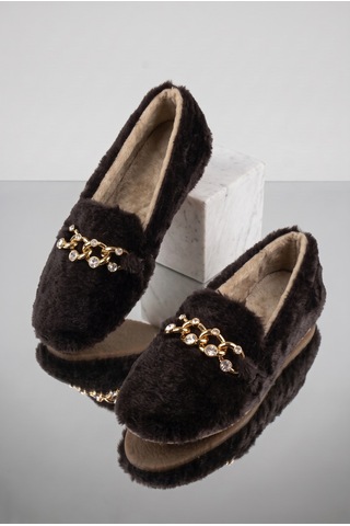 Nmoda Kadın Peluş Panduf Gold Zincir Taşlı Aksesuarlı Kapalı Loafer Yumuşak Tabanlı Kışlık Rahat Babet Kahverengi
