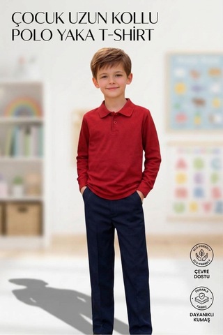 Erdem Kıds Unisex Kız Erkek Çocuk Polo Yaka Pamuklu Uzun Kol Kırmızı Günlük Basic Okul Tişört Kırmızı Kırmızı