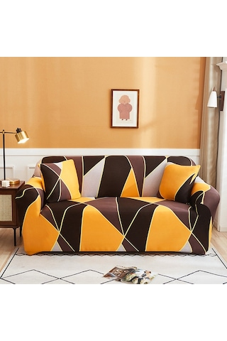 Sones Çift Kişilik Tam Kapsama Elastik Kaymaz Kanepe Kılıfı Geometrik Turuncu
