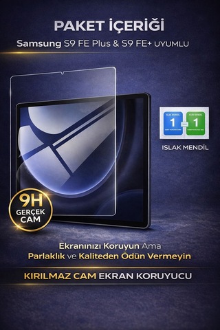 Samsung Tab S9 Fe Plus + Için Tamperli Ekran Koruyucu Kalemle Uyumlu Kırılmaz Cam