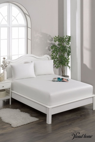 %100 Pamuk Çizgili Saten Tek / Çift Kişilik Lastikli Çarşaf Seti 100x200 120x200 160x200 180x200 Beyaz