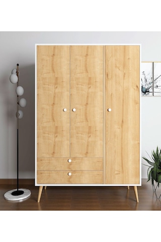 Floradesign Riva Elbise Dolabı Üç Kapaklı Çekmeceli Dolap Gardırop /meşe/ Beyaz Meşe / Beyaz