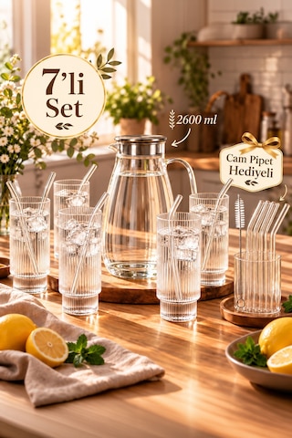 Porsima Borosilikat Metal Kapaklı Çizgili Cam Sürahi Ve 6'lı Meşrubat Bardak Seti 2600 Ml Sürahi + 6x250 Ml Bardak + Cam Pipet Hediyeli