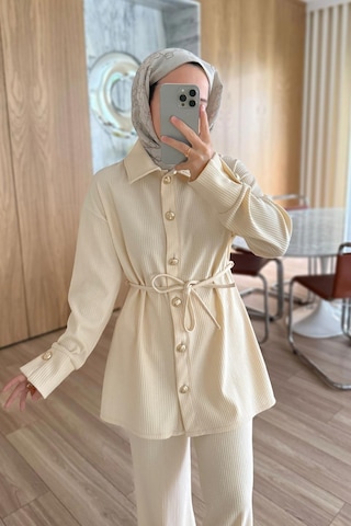 Gold Düğme Detaylı Fitilli Takım - Bej Bej