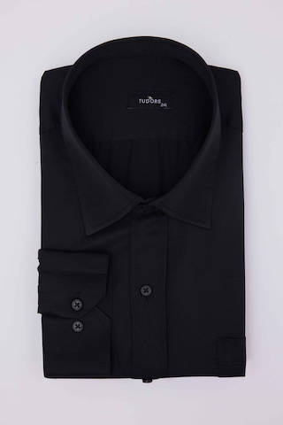 Tudors Büyük Beden Uzun Kollu Saten Erkek Siyah Gömlek-31285-siyah
