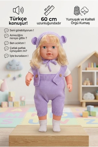 Konuşan Bebeğim 60 Cm Türkçe Konuşan Örgü Tulum Ve Şapkalı Kafası Bacakları Kolları Et Oyuncak Bebek 46900356