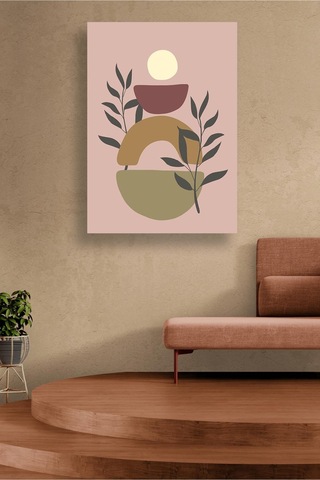 Soyut Geometrik Ve Bitki Desenli Kanvas Tablo Boho Stil Pembe Ve Toprak Tonlarında Duvar Dekoru