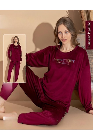 Boyraz Kadın Kışlık Fransız Kadife Bisiklet Yaka Uzun Kol Pijama Takımı 03410- 1 Adet Bordo
