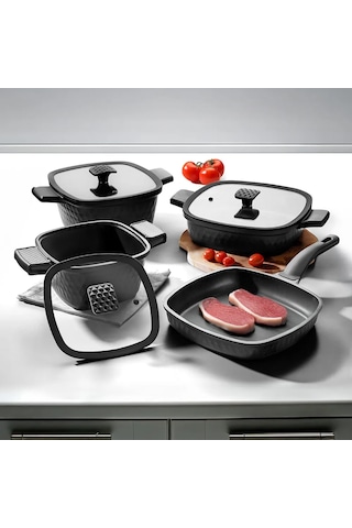 Nehir Royal Elite Square Siyah Alüminyum Döküm 7 Parça Tencere Set