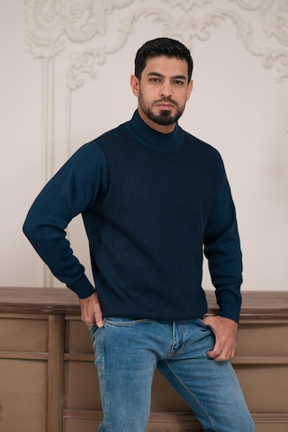 Woolen World Balıkçı Yaka Desenli Yünlü Erkek Triko Kazak Lacivert