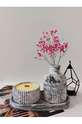 Şık Mermer Desenli Seramik Vazo Ve Mumluk Seti - Modern Minimalist Dekorasyon Çok Renkli