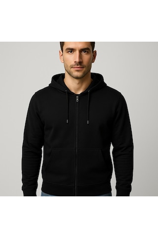Axxel Erkek Siyah 2 İplik Fermuarlı Kapüşonlu Sweatshirt-w1084 Siyah