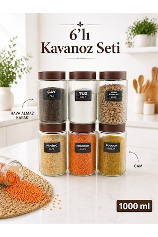 Naturelove 6 Adet Hava Almaz Kapaklı Cam Kavanoz Erzak Saklama Kabı 1000 Ml Şeffaf