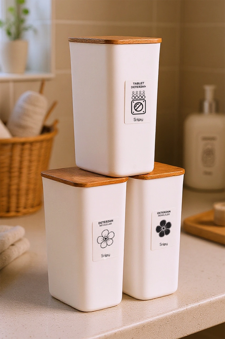 Clean - 3'lü Büyük Boy Deterjan Saklama Kutusu Etiketli Banyo Toz Tablet Toz Deterjan Kutusu 2900 Ml Ahşap