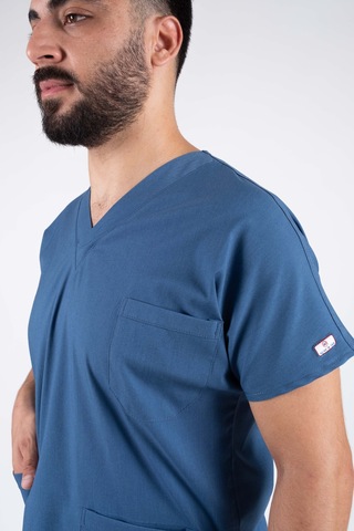 İndigo Mavi Likralı Erkek Hemşire Ve Doktor Forması Takımı Scrubs Hastane Üniforması