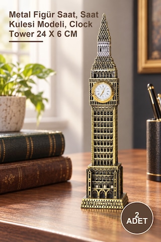 2 Adet Metal Saat Kulesi Metal Figür Saat, Saat Kulesi Modeli, Clock Tower 24 X 6 Cm