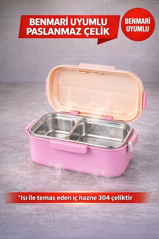 Pembe Benmarili Paslanmaz Çelik Yemek Kabı 2 Bölmeli Beslenme Kabı Saklama Kabı Lunch Box Diğer
