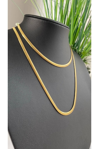 Altın / Gold Renk 80 Cm İtalyan Ezme Zincir Çelik Kolye Altın