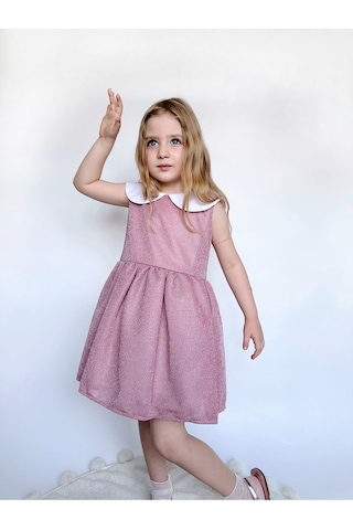 Linola Baby Kids Shiny Simli Bebe Yakalı Çocuk Elbisesi Pembe