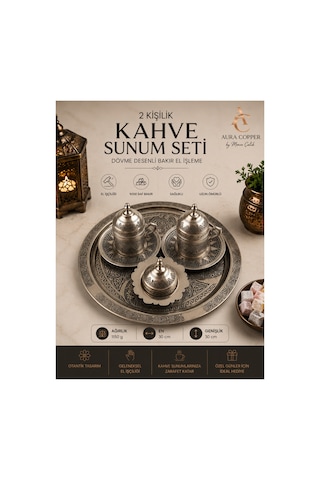 2 Kişilik Bakır Kahve Sunum Seti El İşlemeli Tepsili Türk Kahvesi Fincan Takımı - Ağır El İşleme Mat Ağır El İşleme Mat