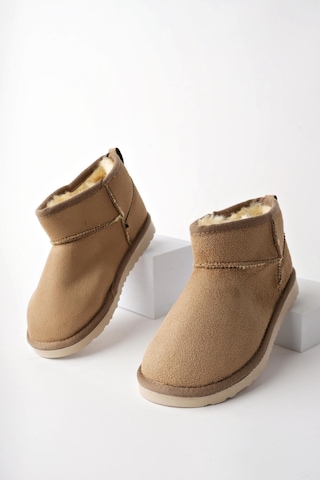 Muggo Snow Garantili Unisex Çocuk Kalın Taban İçi Tüylü Günlük Mini Yarım Bot Vizon
