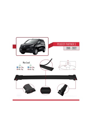Peugeot Partner 2019-2022 Arası İle Uyumlu Fly Model Ara Atkı Tavan Barı Siyah 3 Adet Bar