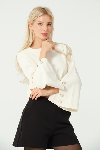 Düğme Detay Crop Bluz Beyaz BEYAZ Beyaz