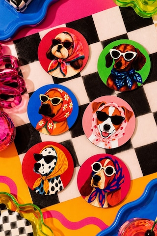 Köpek Desenli Bardak Altlığı 6 Lı Set Pop Art Tasarım, 9 Cm Mdf, Uv Dijital Baskı Çok Renkli