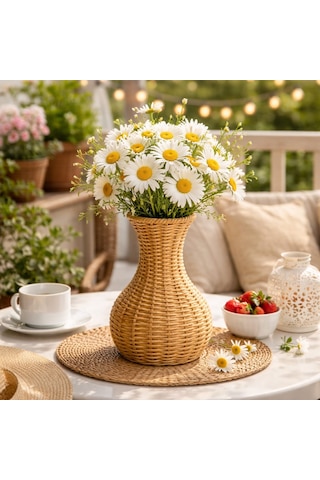 El Yapımı Hasır Vazo Doğal Rattan Dekoratif Saksı Bohem & Modern Ev Dekoru 23 Cm Açık Kahve