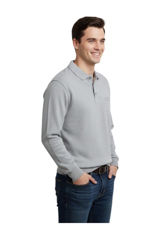 Baglan Erkek Büyük Beden Polo Yaka Cepli Selanik Sweatshirt Bgl-st04978 Açık Gri Melanj