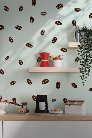 Kahve Çekirdekleri, Dekoratif Kahve Dükkanı Kahve Köşesi Süsleme Stickerları Kendinden Renkli 84 Ad. Dijital Baskı