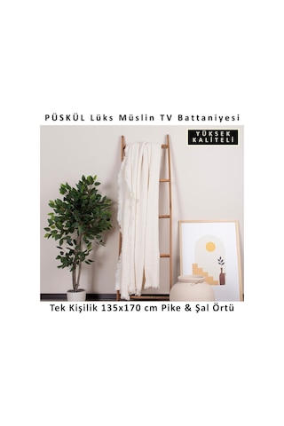 Püskül Müslin Koltuk Battaniyesi & Pike Tek Kişilik 135x170 Cm, 100% Pamuk Ultra Yumuşak 4-katlı Muslin Kumaş Diğer