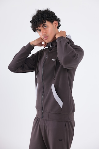 Rowinger Modal Kumaş Kapüşonlu Fermuarlı Kontrast Detaylı Erkek Sweatshirt Brown
