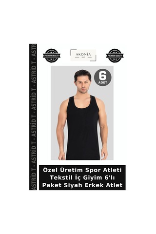 Astrid T Özel Üretim Spor Atleti Tekstil İç Giyim 6'lı Paket Siyah Erkek Atlet