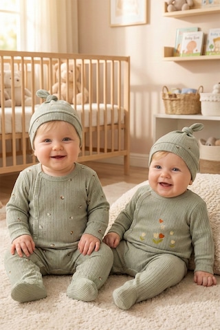 Babymod Çiçek Desenli Şapkalı 2'li Pamuklu Kız Bebek Tulum Set Yeşil