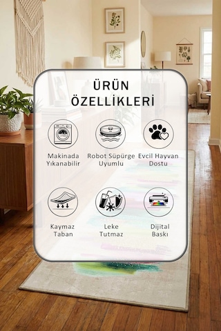 Ehl-194 Salon Mutfak Yatak Odası Yıkanabilir Yolluk Bej