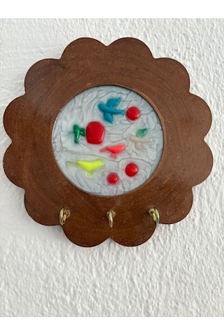 Pelince - Kuş Figürlü Renkli - Epoksi Ahşap Anahtar Askılığı Tek Ürün - Çap: 18 Cm Ahşap