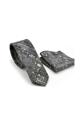 Gaffy Siyah Beyaz Motif Desenli Gri Dokuma Kumaş Mendilli Slim Fit Krav Siyah