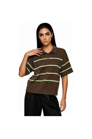 Maison Velora Kadın Kahverengi Wardrobe Essentials Yazlık İplik Çizgili Polo Yaka Triko Bluz Kahverengi Kahverengi