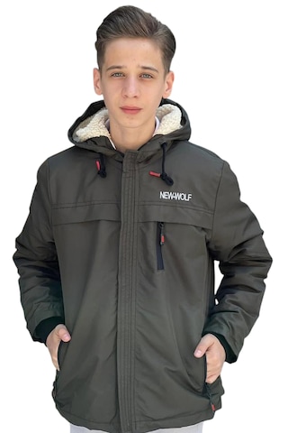 Erkek Çocuk New Wolf Yazılı Fermuar Cepli İçi Peluş Astarlı Haki Renk İnce Mont Haki