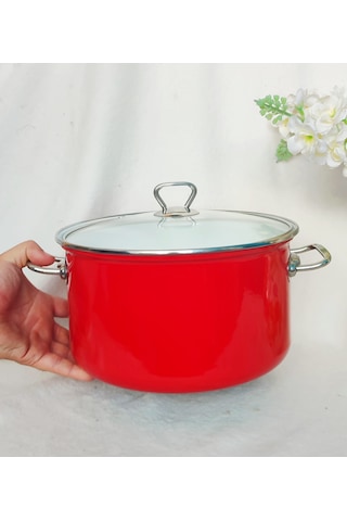 Kırmızı Emaye Tencere 3 Litre 22 Cm Çap Krom Detaylı Süt Yoğurt Çorba Tenceresi Kırmızı