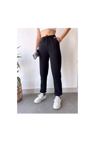 Gugus Trend Kadın Kışlık Kalın İçi Polarlı Yüksek Bel Paçası Lastikli Basic Jogger Eşofman Altı Siyah