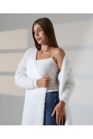 Redmina Fashion Yumuşak Dokulu Uzun Hırka Beyaz