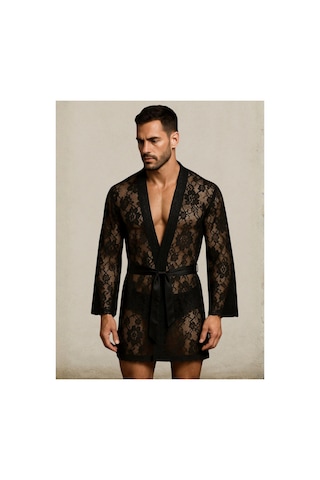 Qmen Style Erkek Dantelli Kimono Ve Sabahlık Siyah