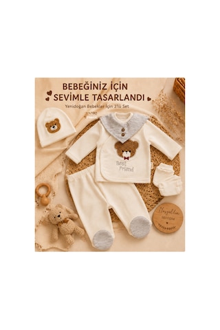 Omeca Concept Yenidoğan Erkek Bebek 5'li Hastane Çıkışı Seti Ayıcık Nakışlı Pamuklu Bebek Takımı Krem