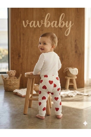 Vavbaby 2li Desenli %100 Pamuklu Kız Bebek Body Pantolon Takım-kalp Kırmızı