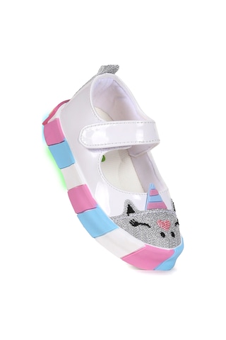 Kiko Kids Gilan Cırtlı Işıklı Kız Bebek Babet Ayakkabı Beyaz