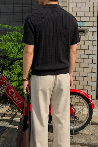 Tarz Cool Erkek Slim Fit Fermuarlı Polo Yaka Saç Örgü Desenli Triko Tişört Yazlık Pamuklu Esnek Örme Siyah