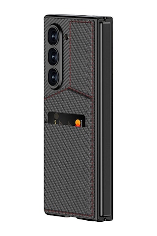 Zore Samsung Galaxy Uyumlu Z Fold 6 Kılıf Karbon Fiber Kartlıklı Omsy Kıpta Dik Açılan Kartlıklı Kapak-siyah