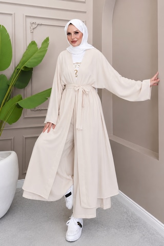 Balenbi Kadın Kuşaklı Kimono Hırka Bol Paça Pantolon Takım Tesettür 2'li Kombin 1230 Taş